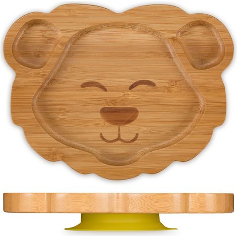 Relaxdays Baby Plate, with Suction Cup, Bamboo, Lion Motif, Non-slip, BPA-free, Complementary Food, 3 Divided Sections (1/5)