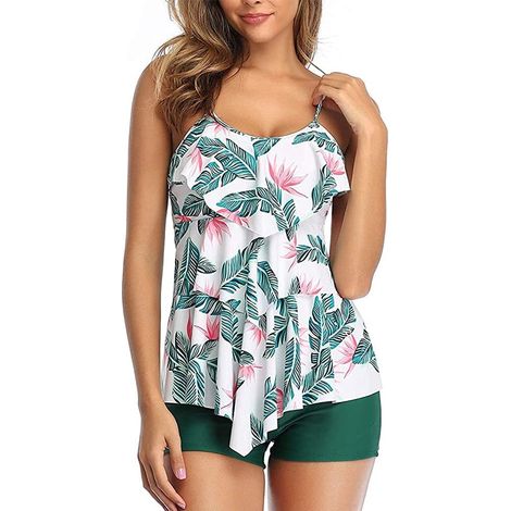 Maillot de bain deux pièces tankini imprimé à volants pour femme avec shorty (1/5)