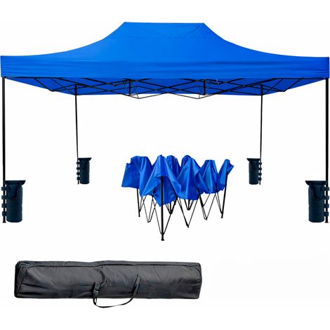 Gazebo Professionale 3x4.5 M Richiudibile Automatico In Acciaio Con Telo Oxford 1200D PVC Impermeabile e Anti UV Struttura a Fisarmonica con Sacche Zavorra e Borsa Trasporto Sagre Feste Eventi Blu