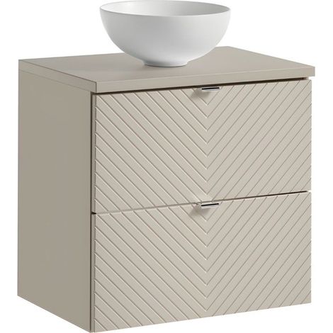 Set AOKI: Waschtischunterschrank mit Schubladen 60cm + Beige Arbeitsplatte + Aufsatzwaschbecken Rund Weiß