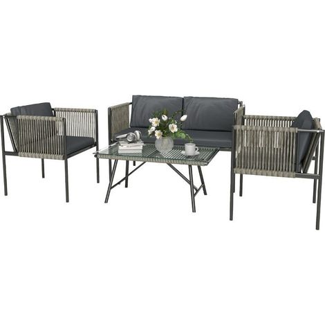 Ensemble jardin 4 pièces : 1 canapé, 2 fauteuils, 1 table plateau verre avec coussins, cadre acier, rotin synthétique gris (1/5)
