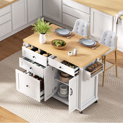 Îlot de cuisine 107/45-70/90,5 cm blanc et naturel avec plateau extensible, rangements et roulettes (1/5)