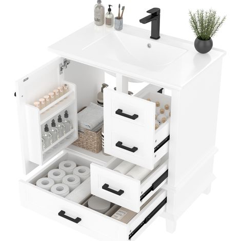 Meuble vasque de salle de bain 76x46x83,5 cm, vasque céramique intégrée, 3 tiroirs silencieux, rangement avec porte et finition blanche moderne  CHICFURN (1/5)