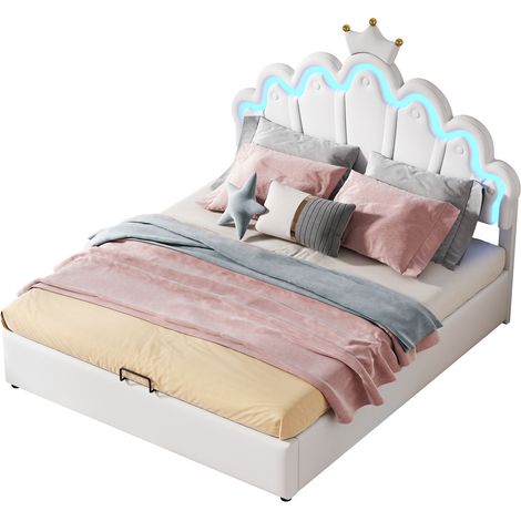 Cama Arcón 140 x 200 cm, Cama Doble PU, LED Regulable por App y Corona, sin Colchón, Blanco (1/5)