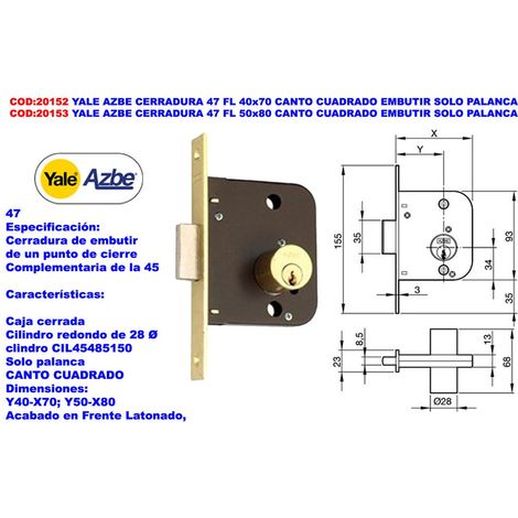 Yale Azbe 47 FL 50x80 Einsteckschloss mit Hebel und Vierkant