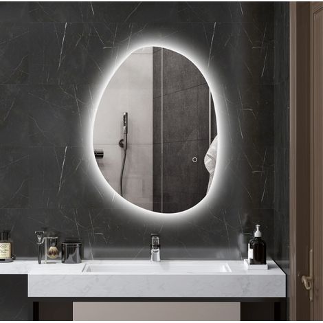 Miroir de salle de bain asymétrique 70x50 cm en verre argenté avec LED anti-buée – MEUBLIV (1/5)