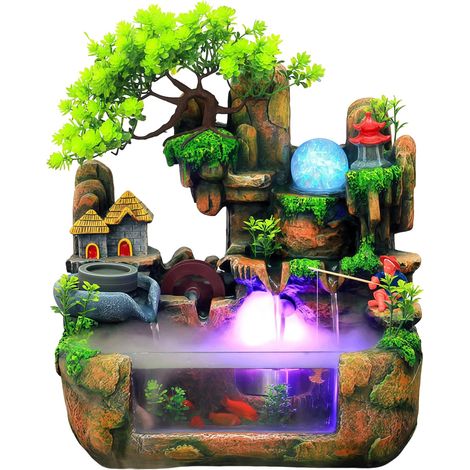Fontaine d'intérieur en Cascade - Fontaine de Table d'intérieur - Fontaine Verte avec éclairage - Fontaine d'intérieur avec Plantes pour Placer Le Salon, Le Bureau (38 x 30 x 20 cm) (1/5)