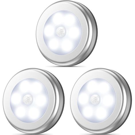 Lot de 3 lampes à détecteur de mouvement améliorées, veilleuses LED sans fil à piles, éclairage d'armoires et d'escaliers, spots encastrés, éclairage de sécurité pour couloir, argent. (1/5)
