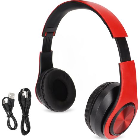 Casque sans fil stéréo à réduction de bruit, pliable, Bluetooth, pour téléphone portable, PC, voyage et jeux, rouge-noir. (1/5)