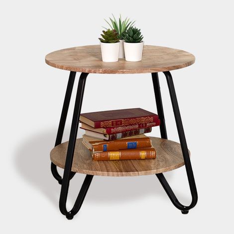 Table d'Appoint Ronde Bouts de canapé Design à 2 Niveaux Guéridon Scandinave Meuble Salon, Chambre en Bois Cadre en Acier Robuste, Chêne, 46x46x45cm (1/5)
