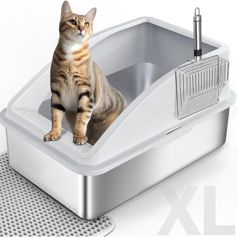 XXL Cat Litter Tray, Stainless Steel Litter Tray, Open Design, Easy to Clean, with 30L Large Capacity, with Steel Litter Scoop, 58 x 37 x 28.5 cm (1/5)