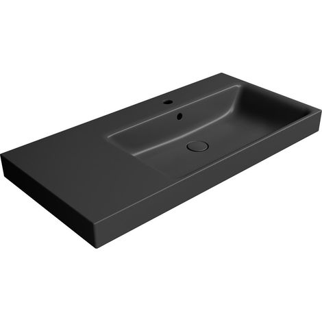 Lavabo en céramique NUBES 100x50cm, étagère à gauche, noir mat (1/3)