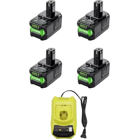 Batería recargable, capacidad de 9500 mAh, tecnología de iones de litio, compatible con Ryobi, 4 unidades, 1 cargador. (1/2)