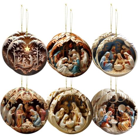 Ornement De Scene De Nativite - Bois Naturel 8 X 8 X 0.3 Cm - Decoration Arbre De Noel - Lot De 12 (1/5)