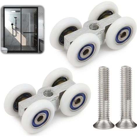 Set of 2 Silent Aluminium Alloy and Nylon Sliding Casters (L 44 x L 22 mm) for Glass Shower Door Fixed by Screw (1/5)