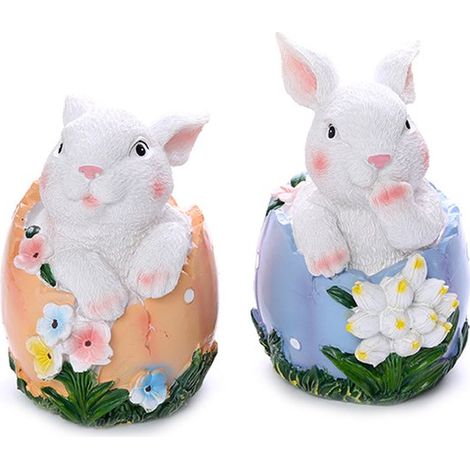 Decoración de conejito de Pascua - 2 piezas, conejito saliendo del cascarón, resina blanca, centro de mesa (1/5)