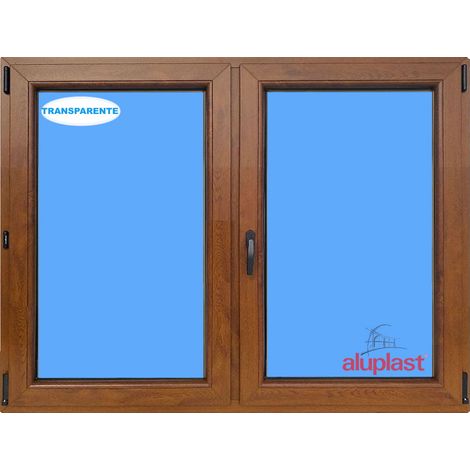 Ventana PVC 1200x1000 Roble Dorado 2 Hojas Oscilobatiente Vidrio Transparente