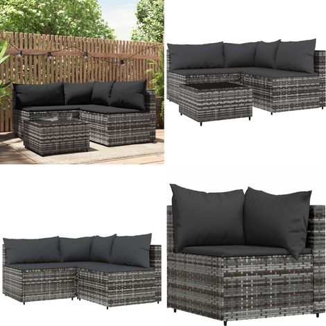 Salon de jardin 4 pcs avec coussins Gris Résine tressée - Salon De Jardin - Mobilier Extérieur - Canapé D'angle - Set De Salon - Table Basse - Home & Living (1/5)