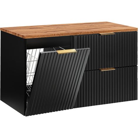 Meuble sous-vasque 100cm panier à linge Adriel Noir et Bois (1/4)