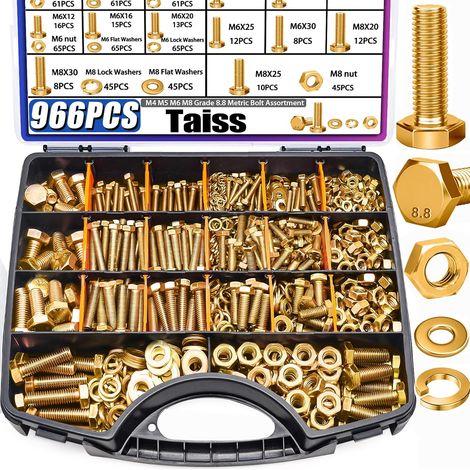 966pcs classe boulons métriques Catégorie M4 M5 M6 M8 (12-30 mm) Boulons hexagonaux lourds et trousses d'écrou jaunes rondelles plates galvanisées/rondelles de verrouillage avec boîte à main (1/5)