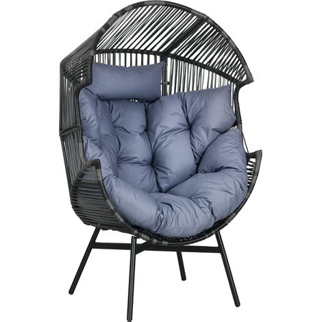 Fauteuil en rotin, fauteuil d'extérieur, fauteuil de jardin, rotin PE, 89 cm x 75 cm x 143 cm, gris et noir