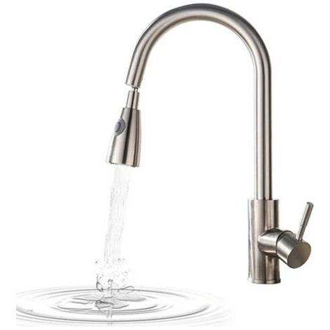 Rubinetto da cucina con doccetta estraibile - 2 getti, tubo flessibile da 30 cm, nucleo della valvola in ceramica, finitura nichel spazzolato, bocca girevole a 360°. (1/5)