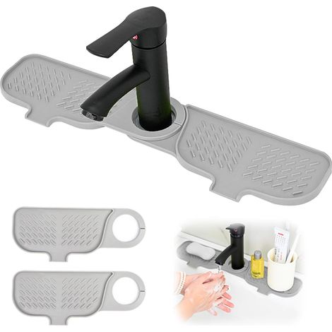 Tapis Robinet Silicone, Patchwork Plateau Anti-Gouttes pour Poignée de Robinet pour Protéger Plans de Travail de Salle de Bain et 42 x 10 cm, Gris (1/5)