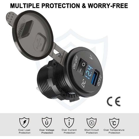 QC 3.0 prise USB voiture 12V / 24V, chargeur de voiture Quick Charge 3.0 prise intégrée adaptateur allume-cigare étanche avec du voltmètre LED pour moto bateau camion caravane ATV,AAFGVC (1/3)