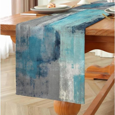 Chemin de table en lin style champêtre peinture à l'huile abstraite 40x140 cm bleu résistant aux éclaboussures