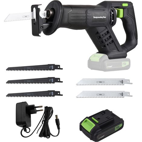 Scie alternative sans fil 20 V à vitesse variable (3 000 coups/min), avec batterie 2,0 Ah, chargeur rapide et 5 lames de 15 cm (6 pouces) pour la coupe du bois, des tuyaux en PVC et du métal. (1/5)