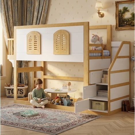 Hochbett 90x200 cm Naturweiß aus Massivholz mit Treppenschrank und Spielfläche (1/5)