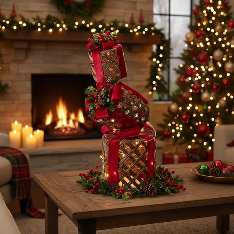 Pacchi regalo impilati con fiocco rosso e luci LED, decorazione natalizia da h 73 cm -Tondo (1/5)