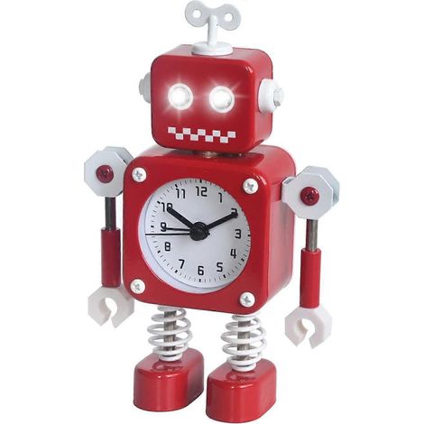 Réveil robot, réveil silencieux en métal inoxydable avec yeux lumineux clignotants et bras rotatif, cadeau pour enfants (rouge) (1/5)