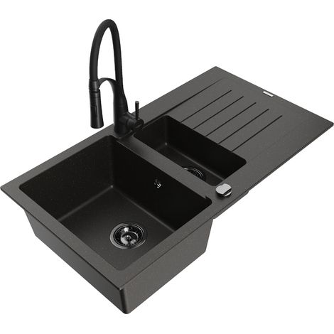 Mexen Matias 1,5-Becken-Granitspüle mit Abtropffläche und Mischbatterie Aster, Schwarz/Gold metallisch - 6502-75-73450-70-B