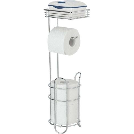 Serviteur WC 3en1 Rack, Dérouleur papier toilette sur pied avec étagère de rangement et range papier toilette, Métal, 15x18x59cm, argent chromé (1/4)