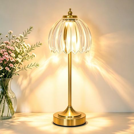 Lampe de Chevet LED Tactile 3CCT, Intensité Variable, Sans Fil, Abat-Jour en Verre Tulipe Rétro, Rechargeable, Lampe de Table pour Chambre et Salon, Transparent (1/5)