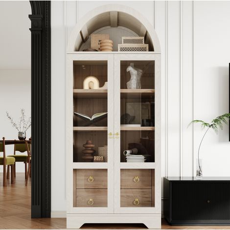 Highboard mit Glastüren, verstellbaren Böden und Schubladen, Weiß, 76,2 x 40,1 x 180 cm OKMYHOME (1/5)