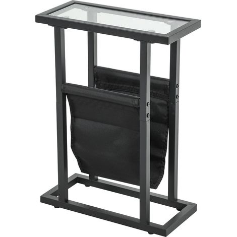 Beistelltisch Couchtisch mit Stofftasche, Metallrahmen, Kaffeetisch mit Glasplatte, Nachttisch für Wohnzimmer, Schlafzimmer, Schwarz, 40 x 18 x 55,5 cm