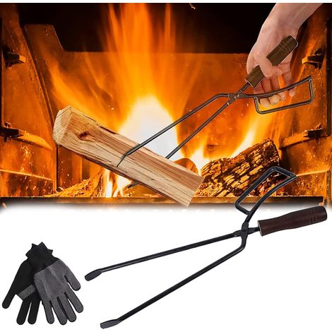 Pince à Bois Chauffage, 40cm Pince Bois Chauffage Robuste Accessoires Cheminée Couverts Cheminée Anti-brûlure Pince Bois Chauffage Longue Chauffage pour Feux Camp Cheminées avec Paire Gants (1/5)