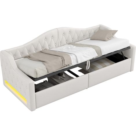 Cama Diván 90 x 200 cm de MDF con Arcón, LED Ajustable y Cabecero Tapizado, sin Colchón, Beige (1/5)