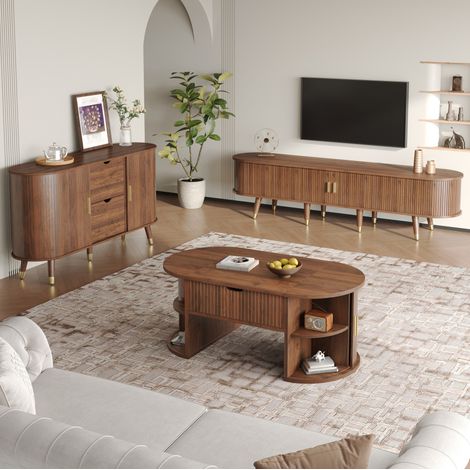 Conjunto de salón 3 piezas con mesa de centro elevable, MDF, nogal OKMYHOME (1/5)