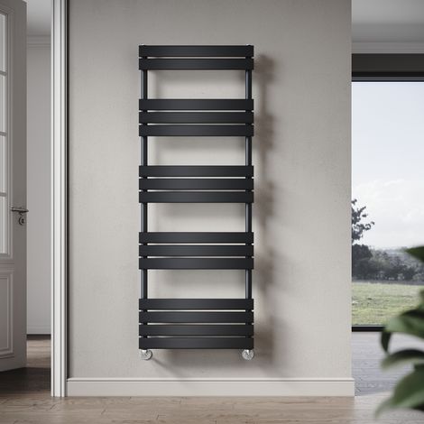 Elegant 1600 x 600mm Heated Towel Rail Black Modern Bathroom Radiator, Flat Panel Design ,Central Heating Towel Warmers, Exclude Valves