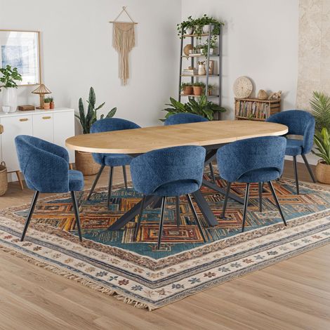 Table extensible 180-240 cm + 6 chaises tissu bouclette bleu - VENTER