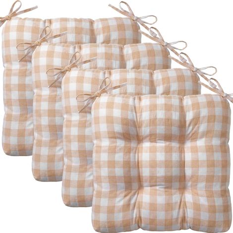 Geetery 4er-Pack Stuhlkissen für Esszimmerstühle, 40 x 38 cm, khaki-weiße Küchenstuhlkissen mit Bändern, Büffelkaromuster, weiche und bequeme Sitzkissen für Zuhause, Büro, Wohnzimmer, Garten und Innen (1/5)