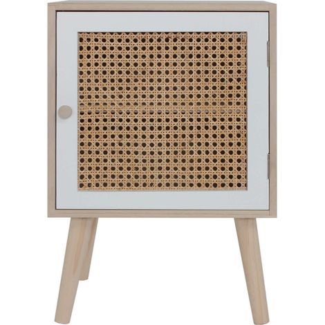Rebecca Mobili Comodino Piccolo con 1 Anta Legno Naturale Bianco Marrone Stile Boho