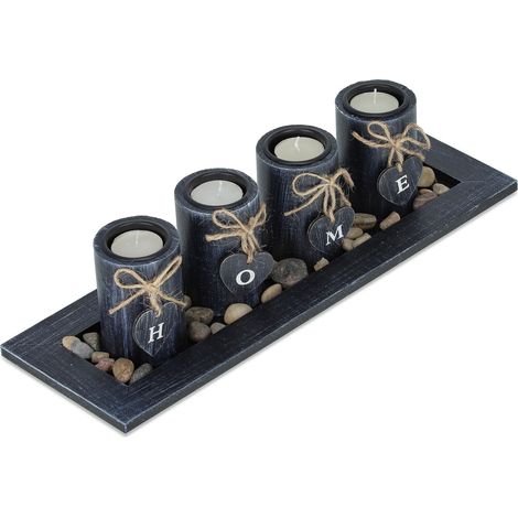 Relaxdays Tealight Holder Set with Tray & Pebbles, 39.5 cm, Table Centrepiece, Dining Room, 4 Candles, ‘Home’, Black