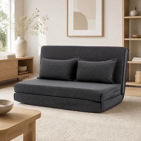 Divano letto da pavimento 135 x 208 cm, schienale regolabile, velluto a coste, grigio scuro DESVIAE (1/5)