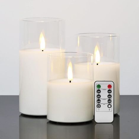 Bougies LED en verre transparent avec télécommande effet flamme réaliste sans flamme lot de 3 diamètre 76 cm hauteur 102 cm 127 cm 152 cm (1/5)