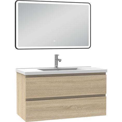 Ocean Meuble Salle de Bain 100cm Chêne Wotan simple vasque + miroir lumineux 3 couleurs + dimmable