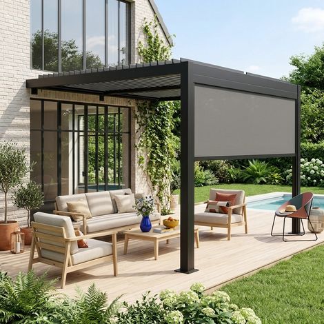 Pergola bioclimatique aluminium adossée 3x3m noir + 1 store 3m Palace (1/5)